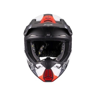Capacete motocross preto, branco e vermelho com visor e entrada de ar vermelha