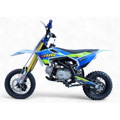 Motocross azul, verde e branco com suspensão dourada e pneus pretos
