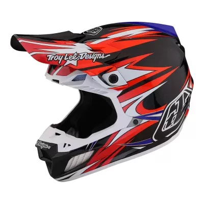 Capacete motocross integral com design gráfico vermelho, preto, branco e azul