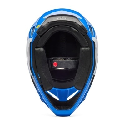 Capacete de motocross azul, branco e preto visto de cima