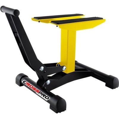 Suporte para bicicleta MTB em metal preto e amarelo com base preta e etiqueta CROSS PRO