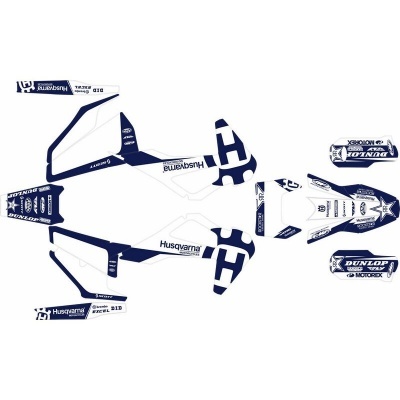 Autocolantes para moto Husqvarna em azul escuro e branco com textos de marcas