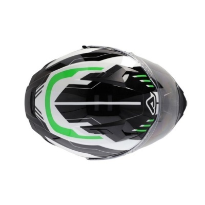 Capacete de moto integral preto, branco e verde com viseira transparente