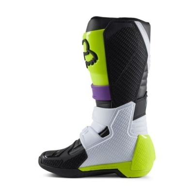 Bota motocross preta, branca, verde fluorescente e lilás com logótipo e textura