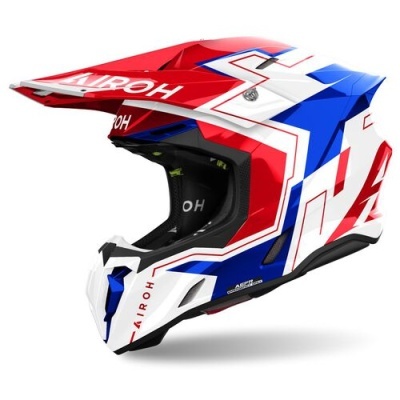 Capacete integral motocross vermelho, azul e branco com texto AIROH
