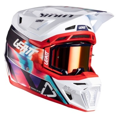 Capacete integral branco, vermelho e azul com óculos espelhados laranja LEATT