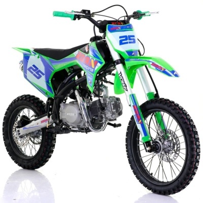 Motocross verde e azul com número 25 e selim preto