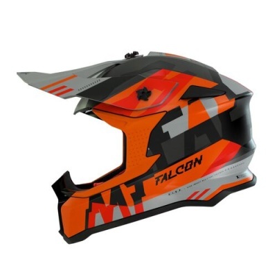 Capacete motocross laranja, cinza e preto com padrão gráfico e texto 'FALCON'