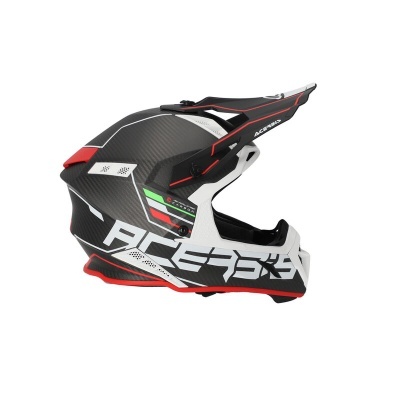 Capacete motocross preto com detalhes brancos, vermelhos e verdes, texto Acerbis X Pro