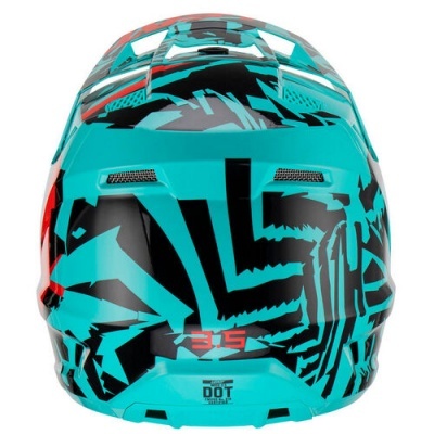 Capacete integral motocross azul-turquesa, preto e vermelho com padrão geométrico