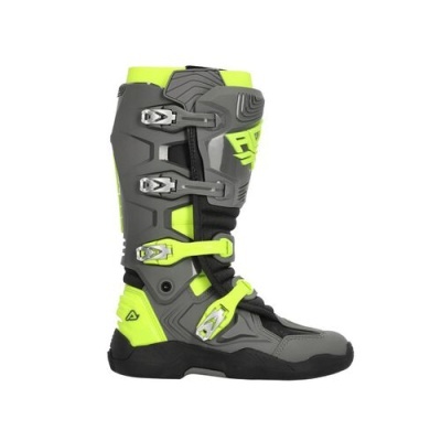 Bota motociclista cinza e amarelo neon com fivelas metálicas