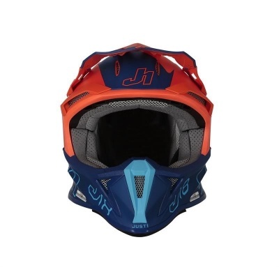 Capacete integral motocross azul-escuro, azul claro e vermelho com forro cinza acolchoado
