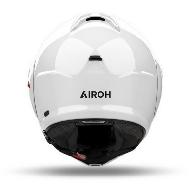 Capacete de motociclista branco da marca AIROH visto de trás