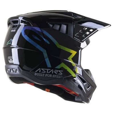 Capacete integral de motocross preto com padrões gráficos coloridos