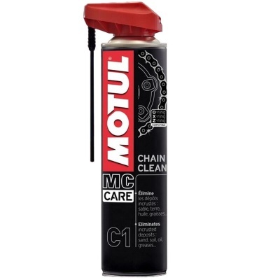 Spray de limpeza de correntes Motul MC Care C1 com embalagem preta e tampa vermelha