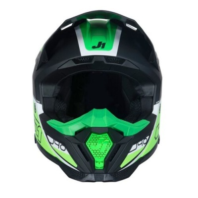 Capacete de motocross preto, verde e branco com ventilação e acolchoado