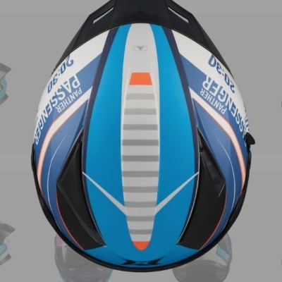 Capacete de moto azul, branco e preto visto de cima