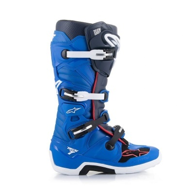 Bota motocross azul com fechos rápidos e texto TECH 7