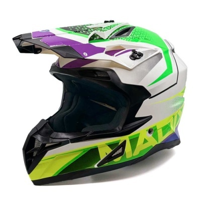 Capacete integral motocross verde, lilás, branco, preto e amarelo com visor ajustável