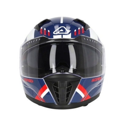Capacete integral azul, branco e vermelho com viseira fumada e logo ACERBIS