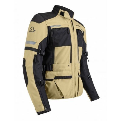 Casaco de motociclista bege e preto com fechos ajustáveis