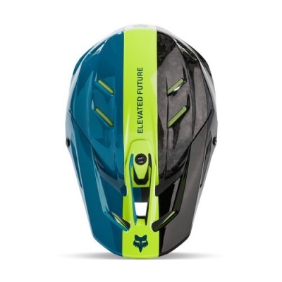 Capacete desportivo azul, verde e cinzento com texto ELEVATED FUTURE