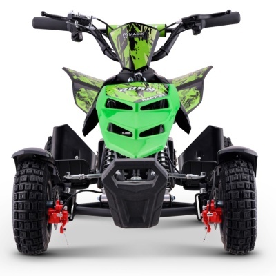 Quadro todo-terreno verde com detalhes pretos e vermelhos visto de frente