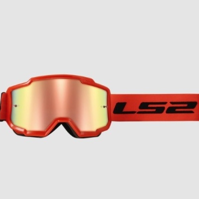 Máscara desportiva vermelha com lente espelhada dourada e faixa elástica vermelha com texto LS2 em preto