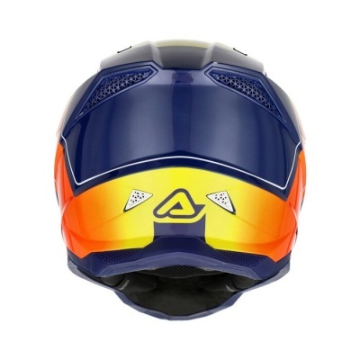 Capacete motocross azul, amarelo e laranja com logótipo triangular e ventilação