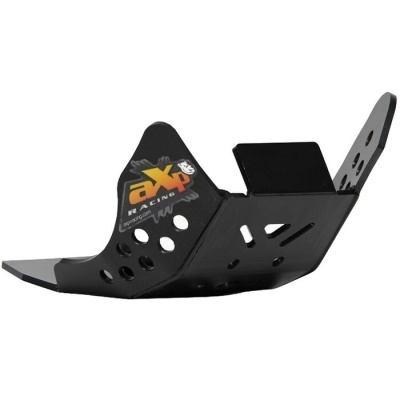 Protetor de motor AXP Racing preto em metal com furos e texto colorido