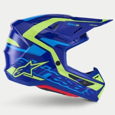 Capacete de motocross azul com detalhes verdes e logotipo amarelo