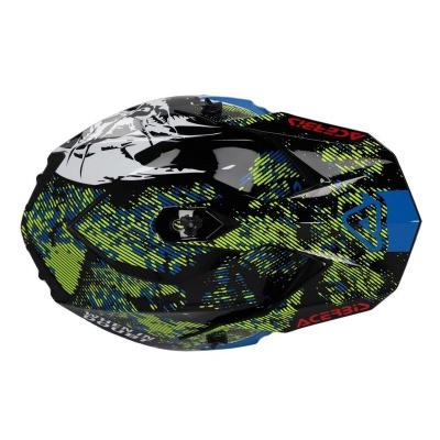 Capacete de motociclismo com padrão gráfico em preto, azul, verde e branco com texto ACERBIS