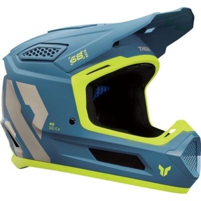 Capacete integral azul com detalhes amarelo fluorescente e cinza com texto HQ SO/CA e THOK