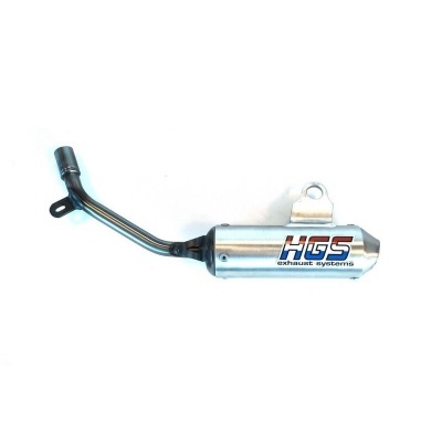 Escape de motocicleta metálico com logotipo HGS exhaust systems em fundo branco