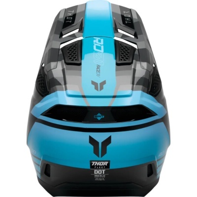 Capacete de motocross azul, preto e cinzento com texto THOR, FLEET, DOT, EAT