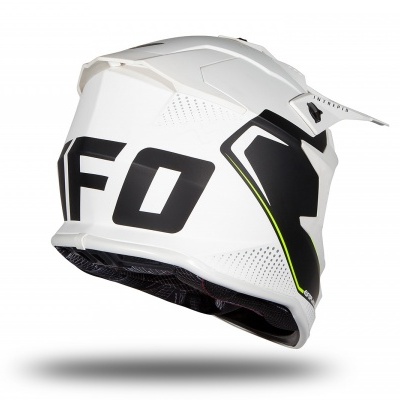 Capacete motocross branco com detalhes pretos e verdes