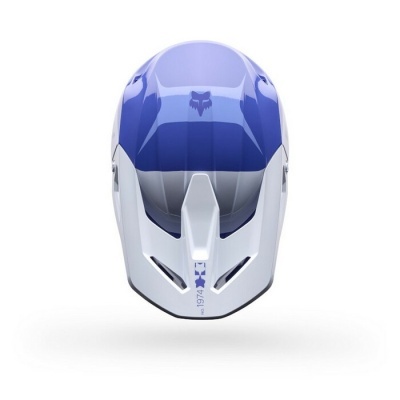 Capacete de proteção azul e branco com logotipo de raposa