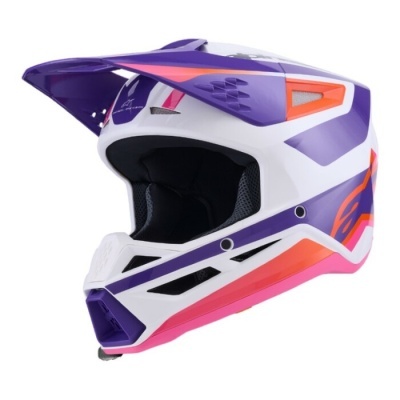 Capacete motocross branco, roxo, laranja e rosa com viseira alongada
