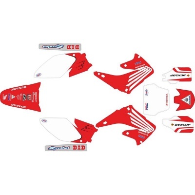 Autocolantes vermelhos e brancos para motocicleta com textos e logótipos