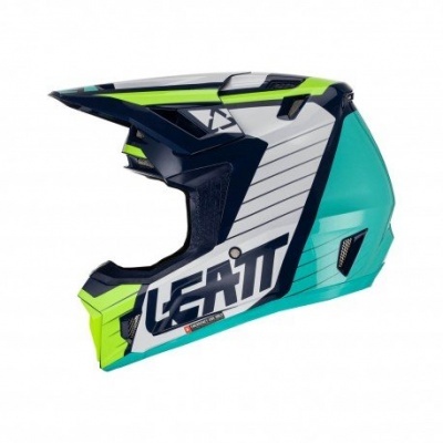 Capacete integral azul verde branco com texto LEATT na lateral