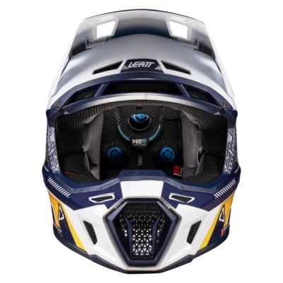 Capacete integral LEATT branco, azul e amarelo com interior acolchoado preto