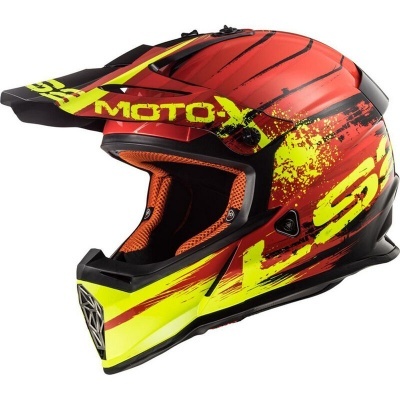Capacete de motocross vermelho, preto e amarelo fluorescente com interiores em laranja