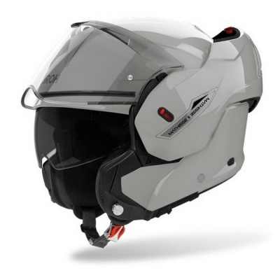 Capacete de motociclista modular cinza com viseira transparente e interna escura