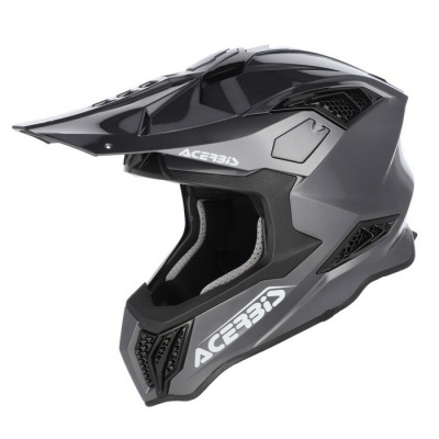 Capacete integral preto e cinza com texto ACERBIS