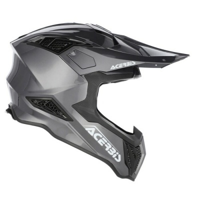 Capacete de motocross cinza com detalhes pretos e logotipo ACEBIX