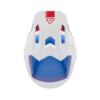 Capacete de motocross branco, azul e vermelho com ventilações e texto ACERBIS nas laterais