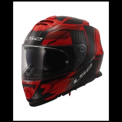 Capacete integral LS2 preto e vermelho com visor transparente.