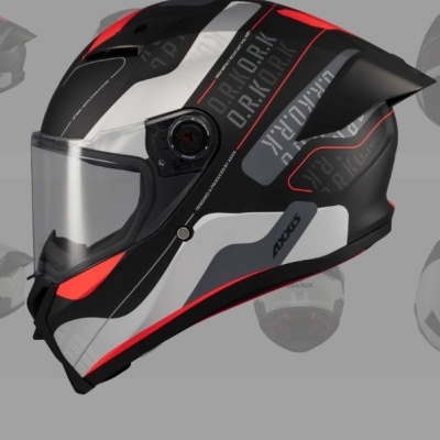 Capacete de motocicleta integral preto, branco e vermelho com visor transparente