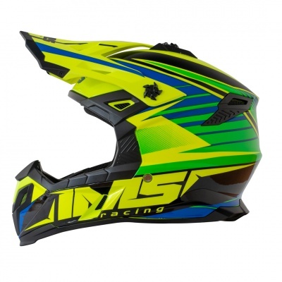 Capacete de motocross amarelo fluorescente, verde, azul e preto com texto AMST Racing