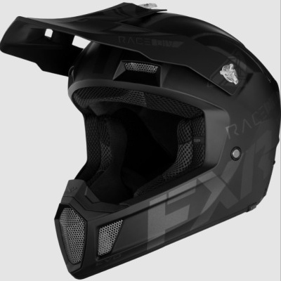 Capacete preto de motocross com viseira e interior almofadado